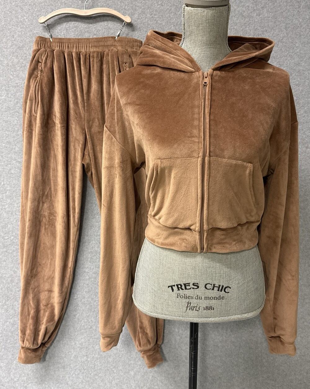 SKIMS Velour Zip Hoodie & Jogger Lounge Set Sienna Brown Women’s Small Cozy